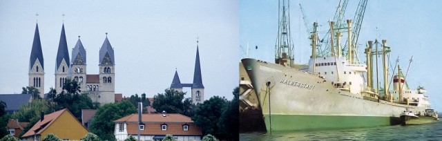 Der Ort Halberstadt mit dem Dom, der Martinikirche und der Liebfrauenkirche und der 10.000-t-Frachter ''Halberstadt'' (1) slr-10-Ttr-halberstadt.jpg